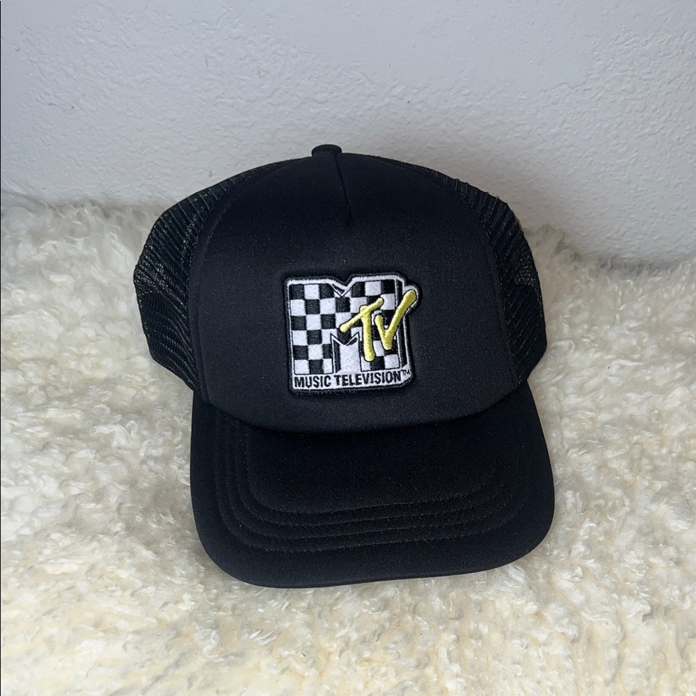 MTV Black Snapback Hat with Yellow Logo and Checker Patch